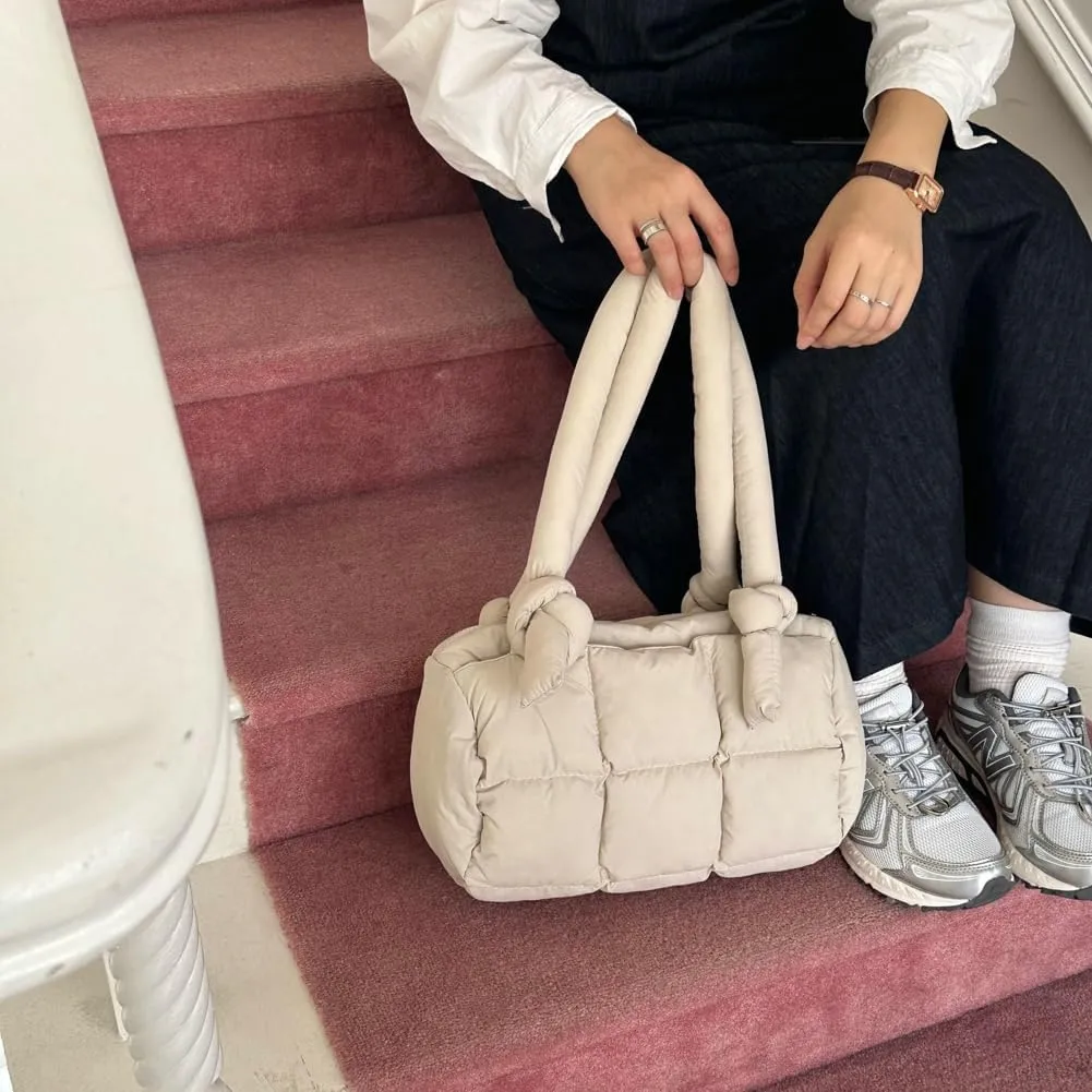 Puffer Tote Bag for Women Knotted Quilted Puffy Underarm Shoulder Bag Trendy Y2k Purse Handbag Padded Top Handle Bag
