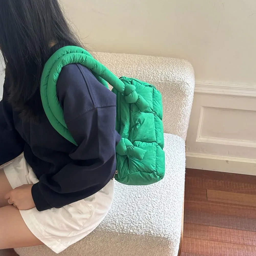 Puffer Tote Bag for Women Knotted Quilted Puffy Underarm Shoulder Bag Trendy Y2k Purse Handbag Padded Top Handle Bag
