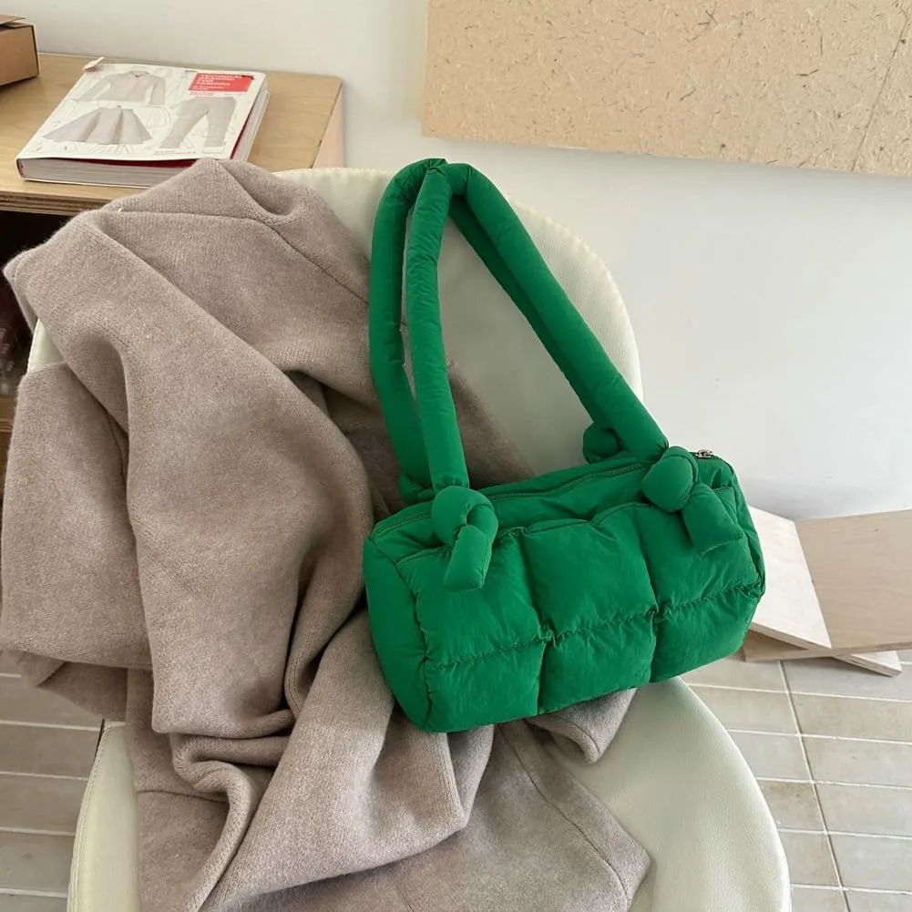 Puffer Tote Bag for Women Knotted Quilted Puffy Underarm Shoulder Bag Trendy Y2k Purse Handbag Padded Top Handle Bag