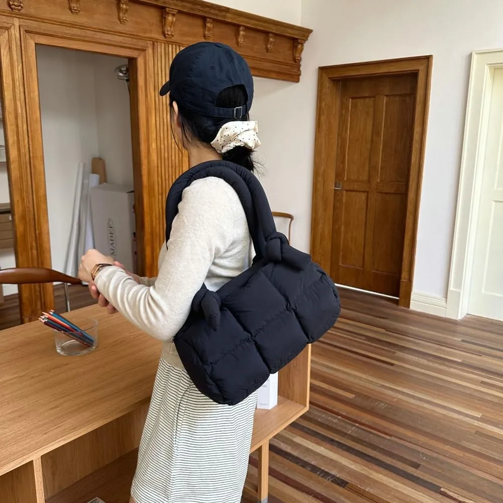 Puffer Tote Bag for Women Knotted Quilted Puffy Underarm Shoulder Bag Trendy Y2k Purse Handbag Padded Top Handle Bag