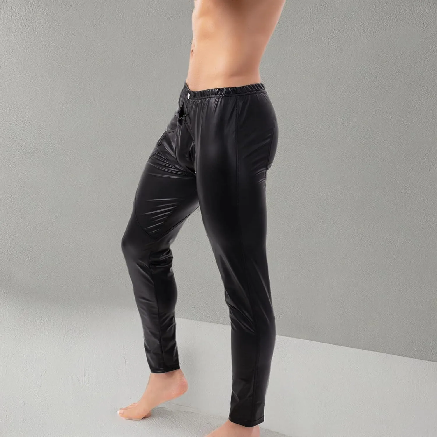 QiaTi Mens Skinny Pants Faux Leather Open Crotch Trousers with Bulge Pouch