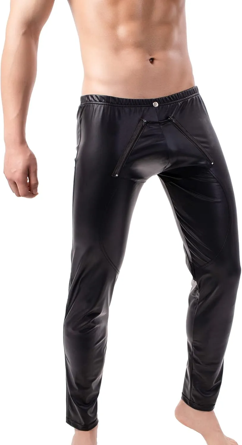 QiaTi Mens Skinny Pants Faux Leather Open Crotch Trousers with Bulge Pouch