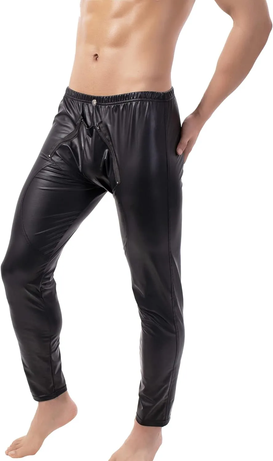 QiaTi Mens Skinny Pants Faux Leather Open Crotch Trousers with Bulge Pouch