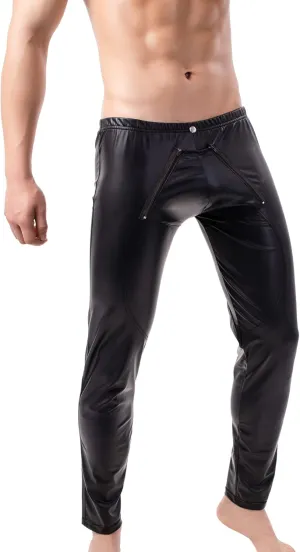 QiaTi Mens Skinny Pants Faux Leather Open Crotch Trousers with Bulge Pouch