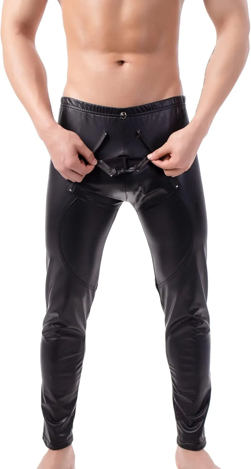 QiaTi Mens Skinny Pants Faux Leather Open Crotch Trousers with Bulge Pouch