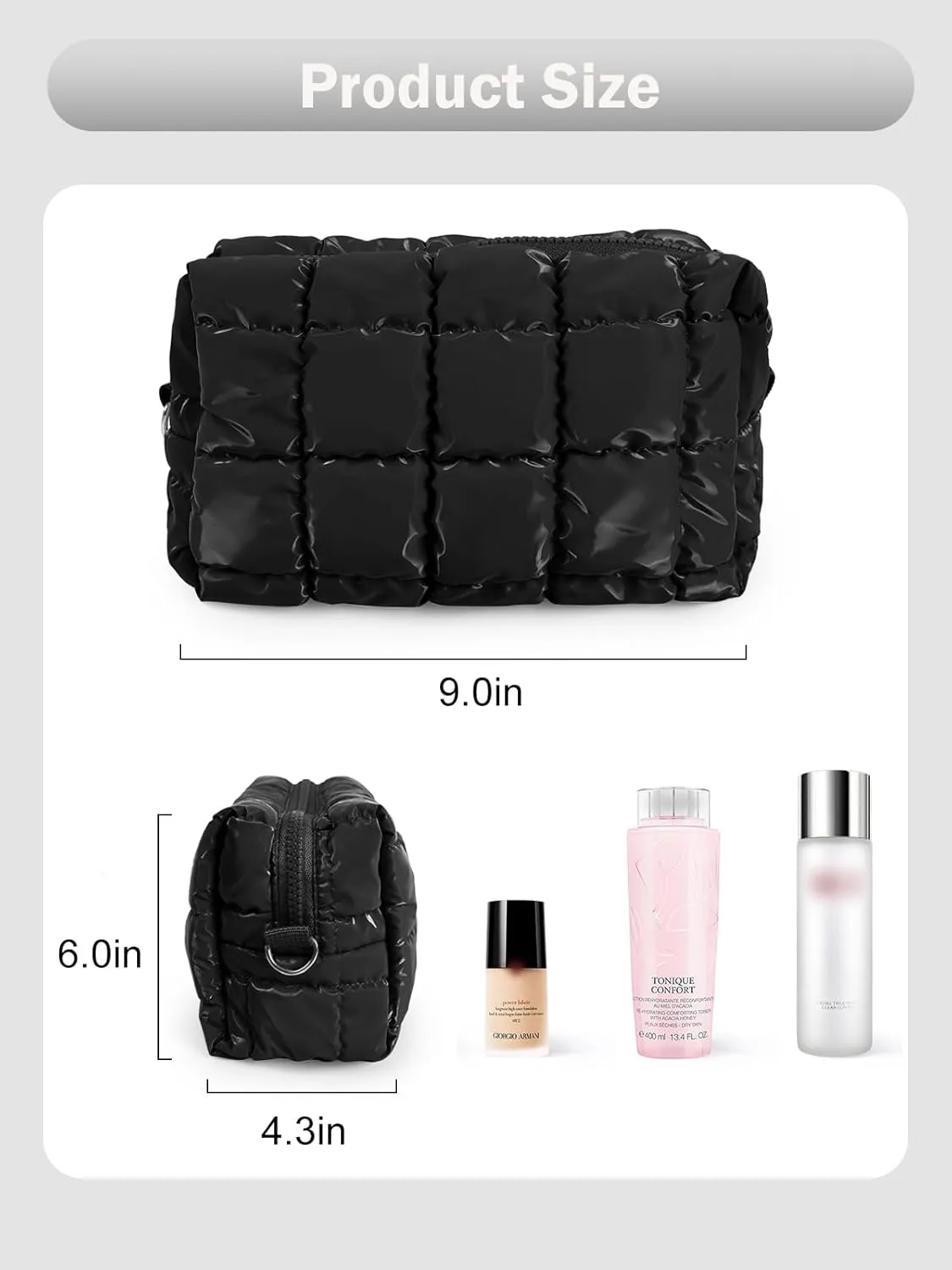 Quilted Makeup Bag Cosmetic Bag, Travel Toiletry Bag for Women, Cute Makeup Bag Organizer Puffer Pouch Black A
