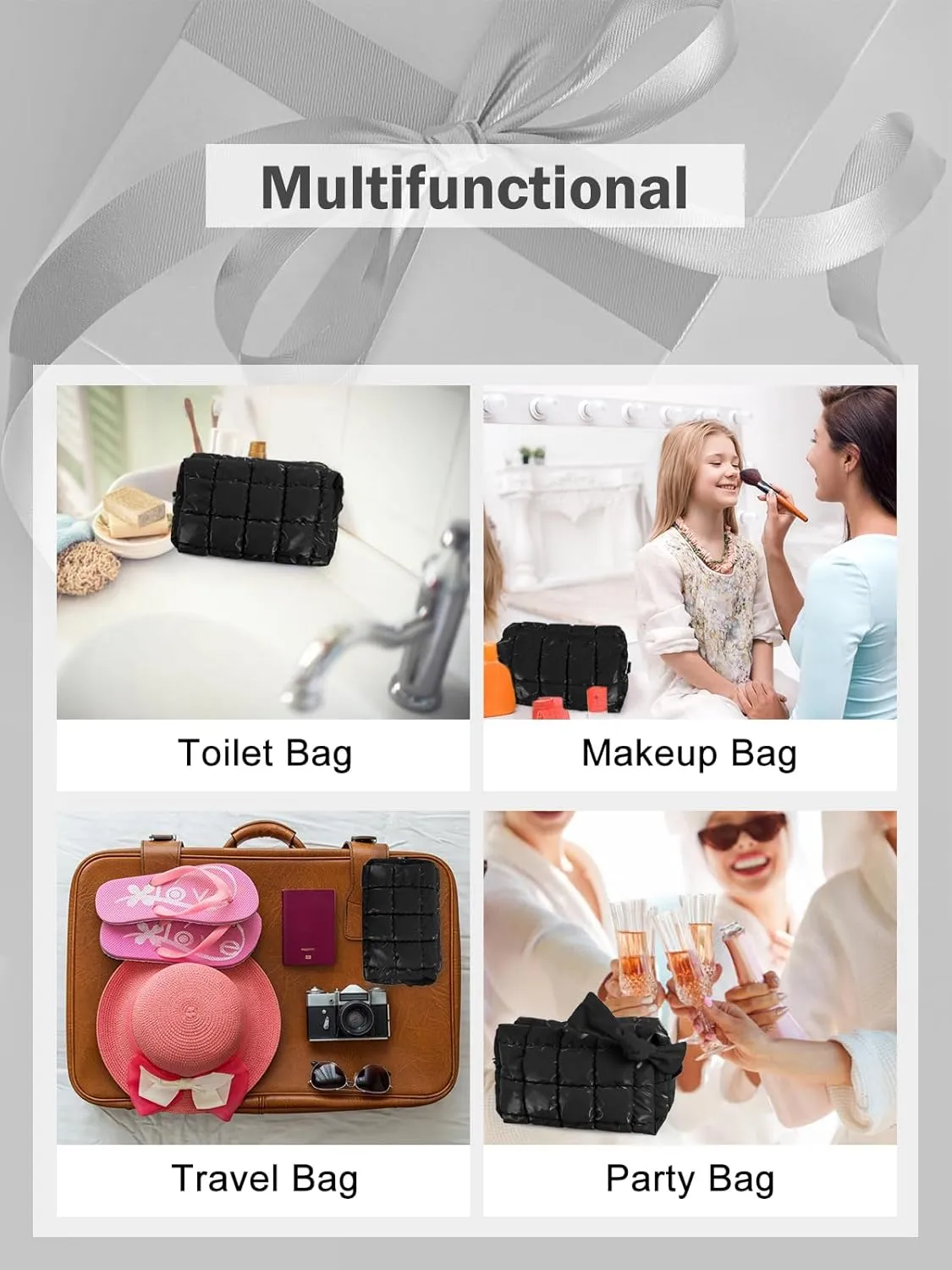 Quilted Makeup Bag Cosmetic Bag, Travel Toiletry Bag for Women, Cute Makeup Bag Organizer Puffer Pouch Black A