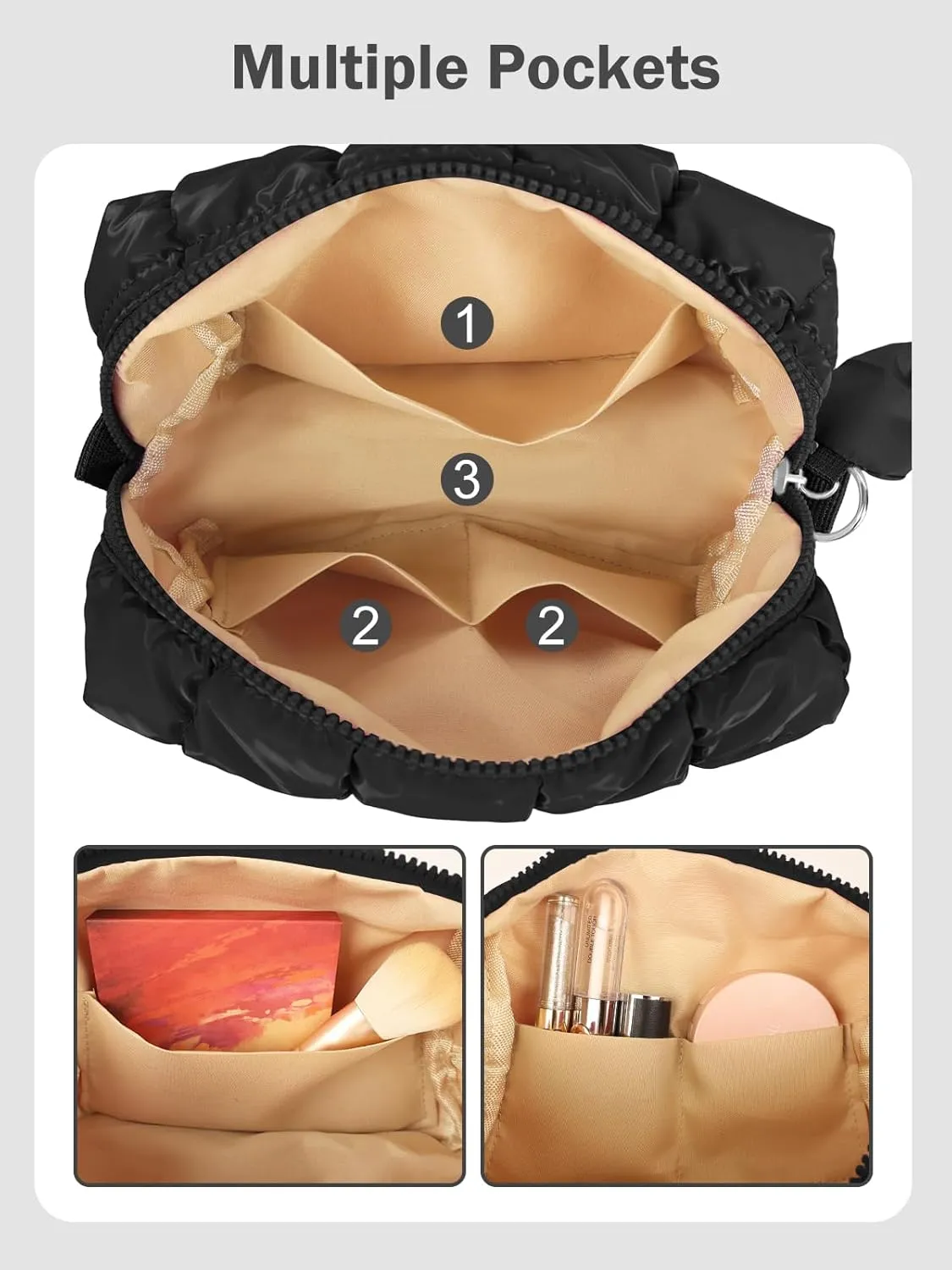 Quilted Makeup Bag Cosmetic Bag, Travel Toiletry Bag for Women, Cute Makeup Bag Organizer Puffer Pouch Black A