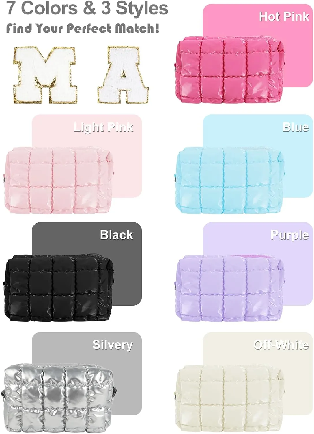 Quilted Makeup Bag Cosmetic Bag, Travel Toiletry Bag for Women, Cute Makeup Bag Organizer Puffer Pouch Bule M