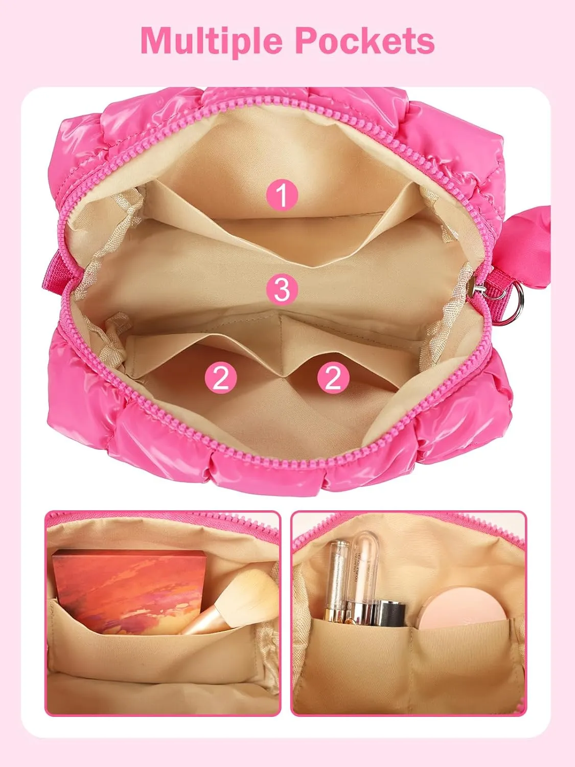 Quilted Makeup Bag Cosmetic Bag, Travel Toiletry Bag for Women, Cute Makeup Bag Organizer Puffer Pouch Hot Pink A