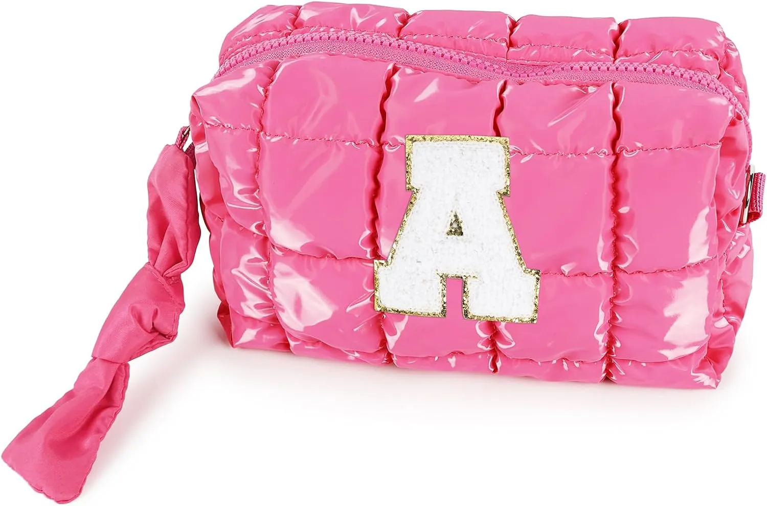 Quilted Makeup Bag Cosmetic Bag, Travel Toiletry Bag for Women, Cute Makeup Bag Organizer Puffer Pouch Hot Pink A