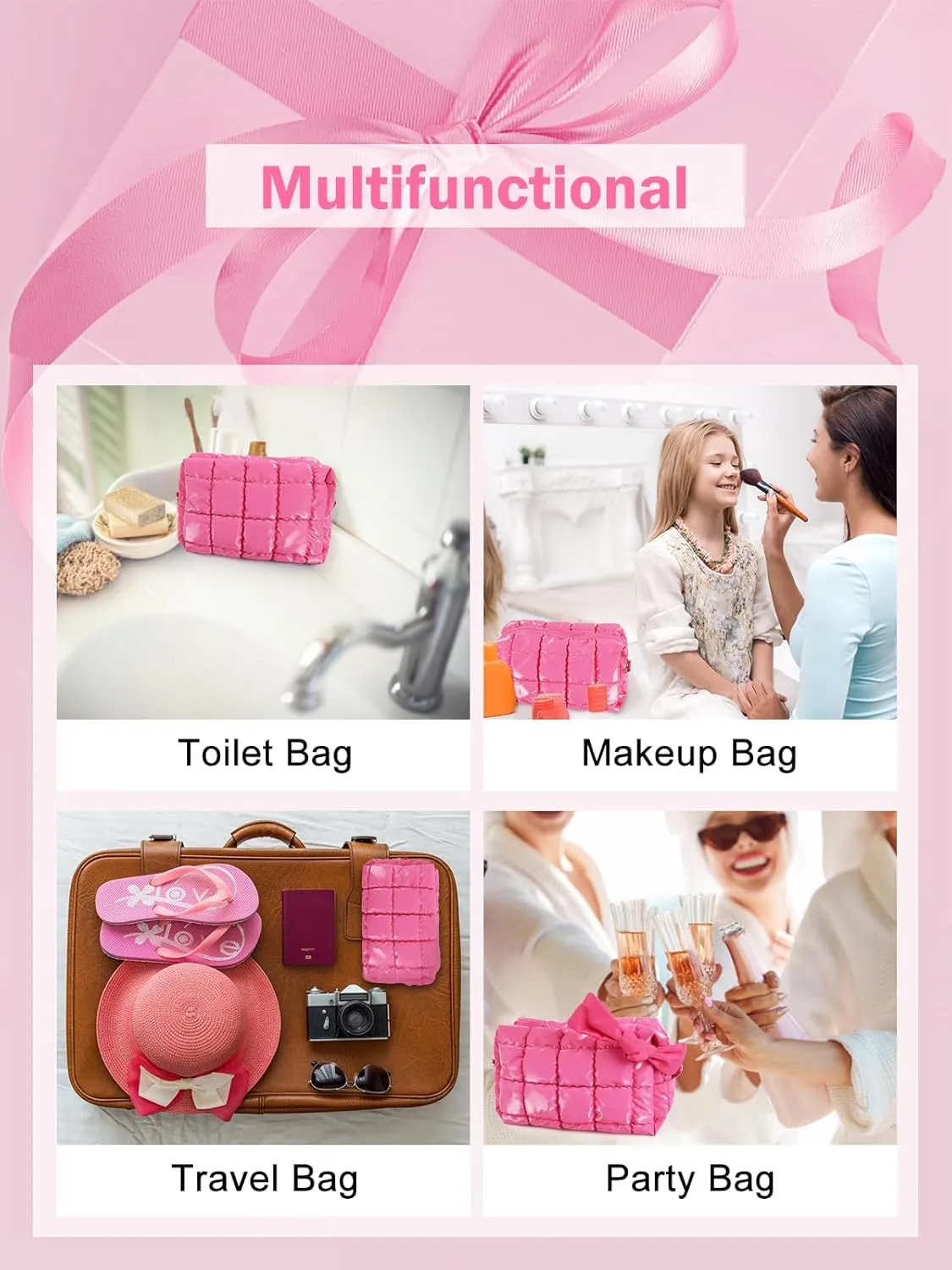 Quilted Makeup Bag Cosmetic Bag, Travel Toiletry Bag for Women, Cute Makeup Bag Organizer Puffer Pouch Hot Pink A
