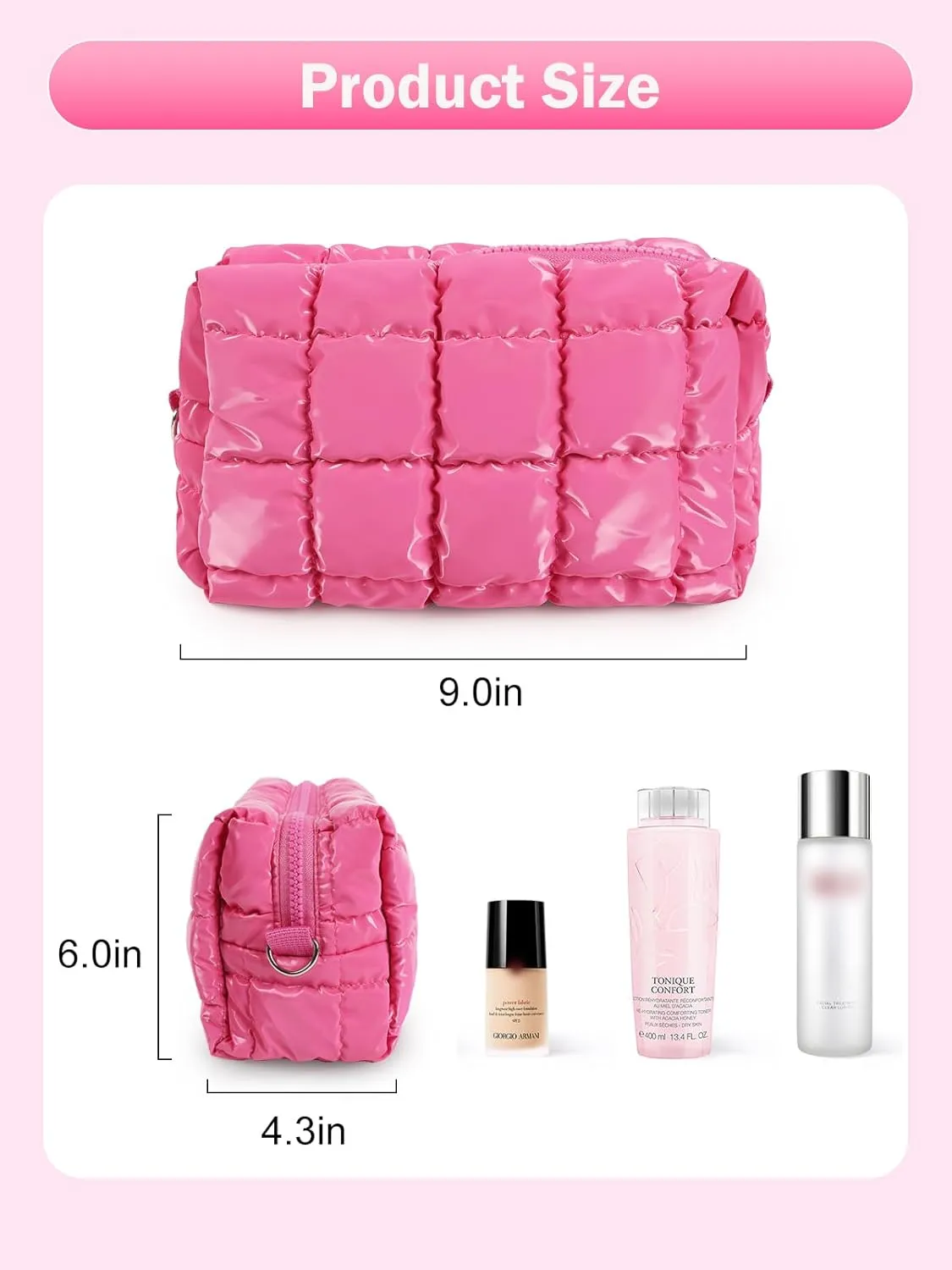 Quilted Makeup Bag Cosmetic Bag, Travel Toiletry Bag for Women, Cute Makeup Bag Organizer Puffer Pouch Hot Pink