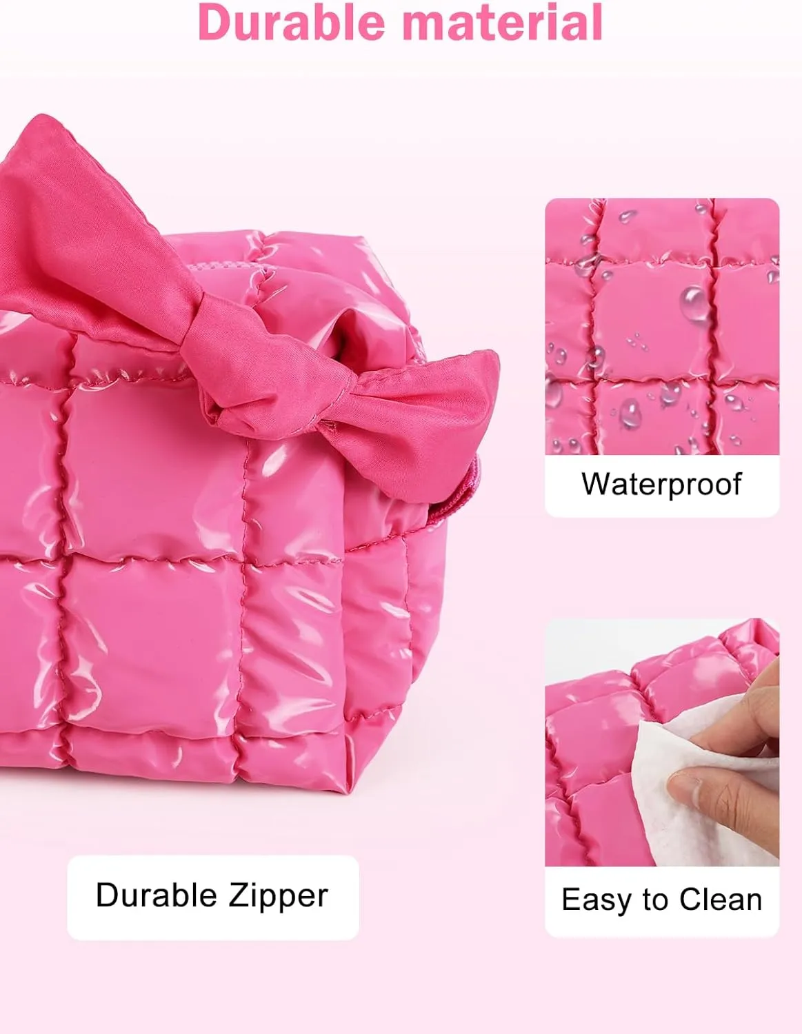 Quilted Makeup Bag Cosmetic Bag, Travel Toiletry Bag for Women, Cute Makeup Bag Organizer Puffer Pouch Hot Pink