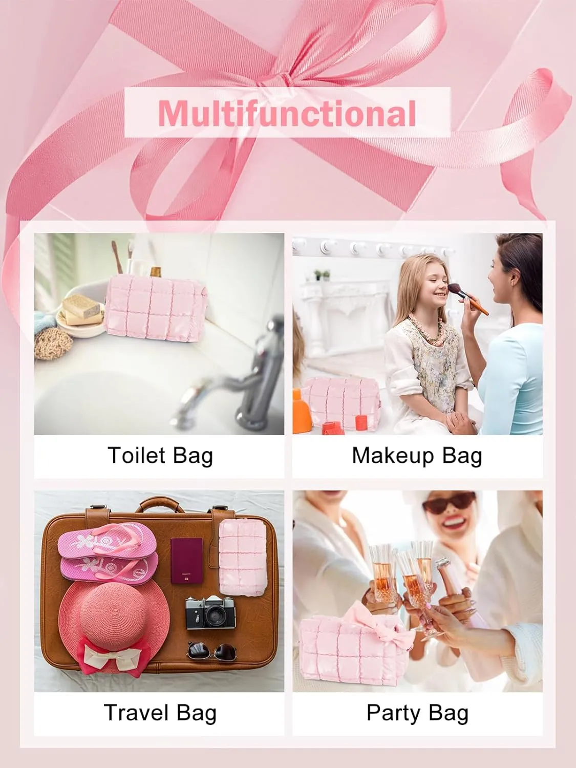 Quilted Makeup Bag Cosmetic Bag, Travel Toiletry Bag for Women, Cute Makeup Bag Organizer Puffer Pouch Light Pink