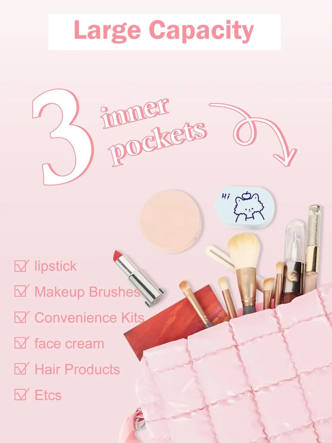 Quilted Makeup Bag Cosmetic Bag, Travel Toiletry Bag for Women, Cute Makeup Bag Organizer Puffer Pouch Light Pink