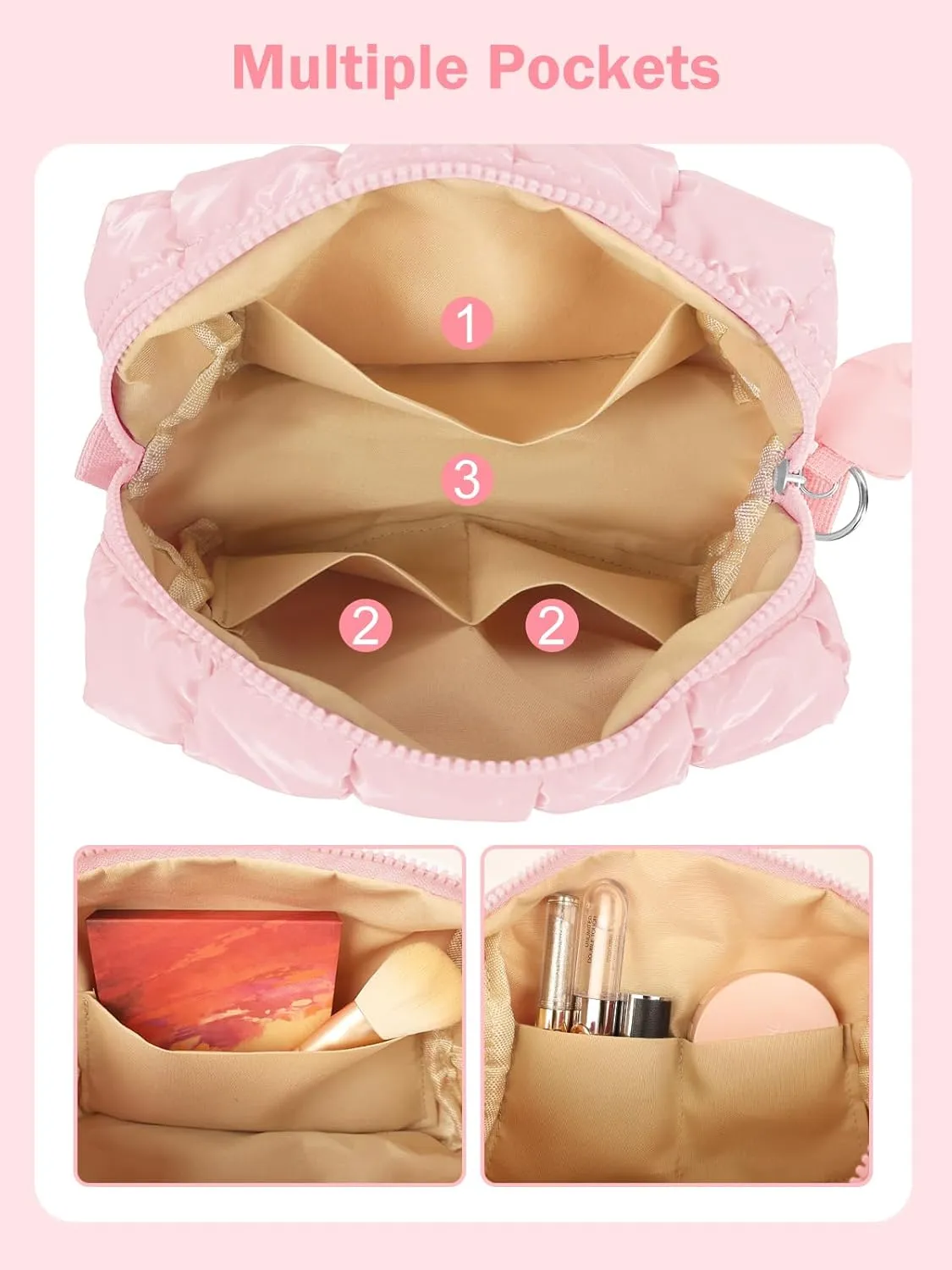 Quilted Makeup Bag Cosmetic Bag, Travel Toiletry Bag for Women, Cute Makeup Bag Organizer Puffer Pouch Light Pink