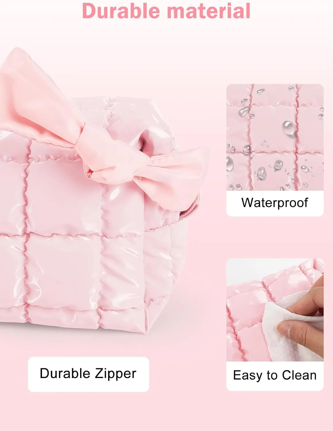 Quilted Makeup Bag Cosmetic Bag, Travel Toiletry Bag for Women, Cute Makeup Bag Organizer Puffer Pouch Light Pink