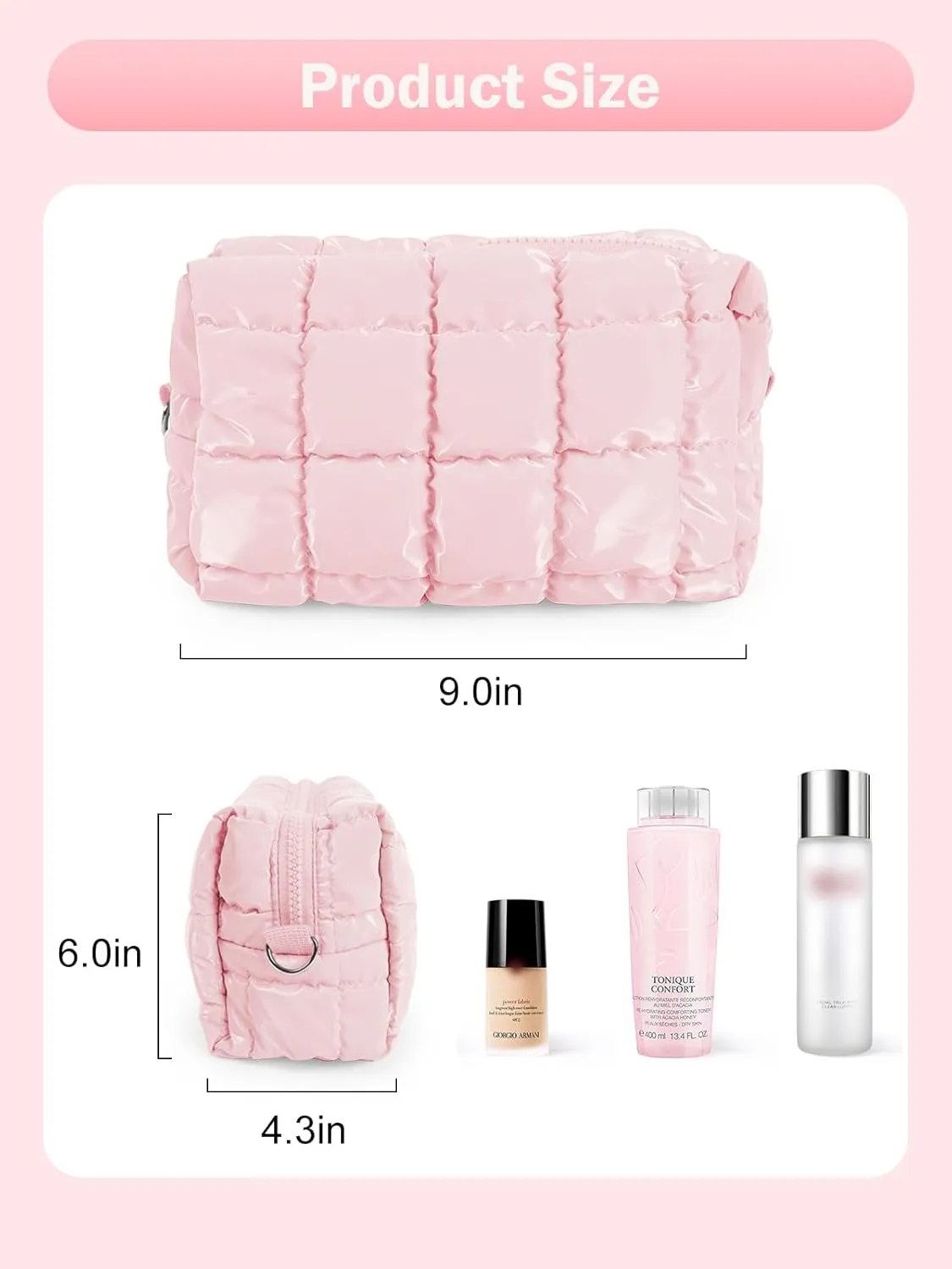 Quilted Makeup Bag Cosmetic Bag, Travel Toiletry Bag for Women, Cute Makeup Bag Organizer Puffer Pouch Light Pink