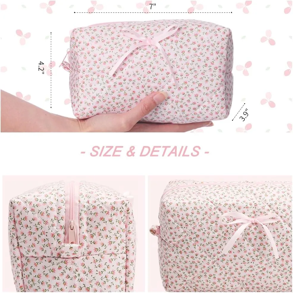 Quilted Makeup Bag, Floral Cosmetic Bag Cute Handmade Aesthetic Pink Toiletry Bag Flower Coquette Accessories Cotton Pouch for Women