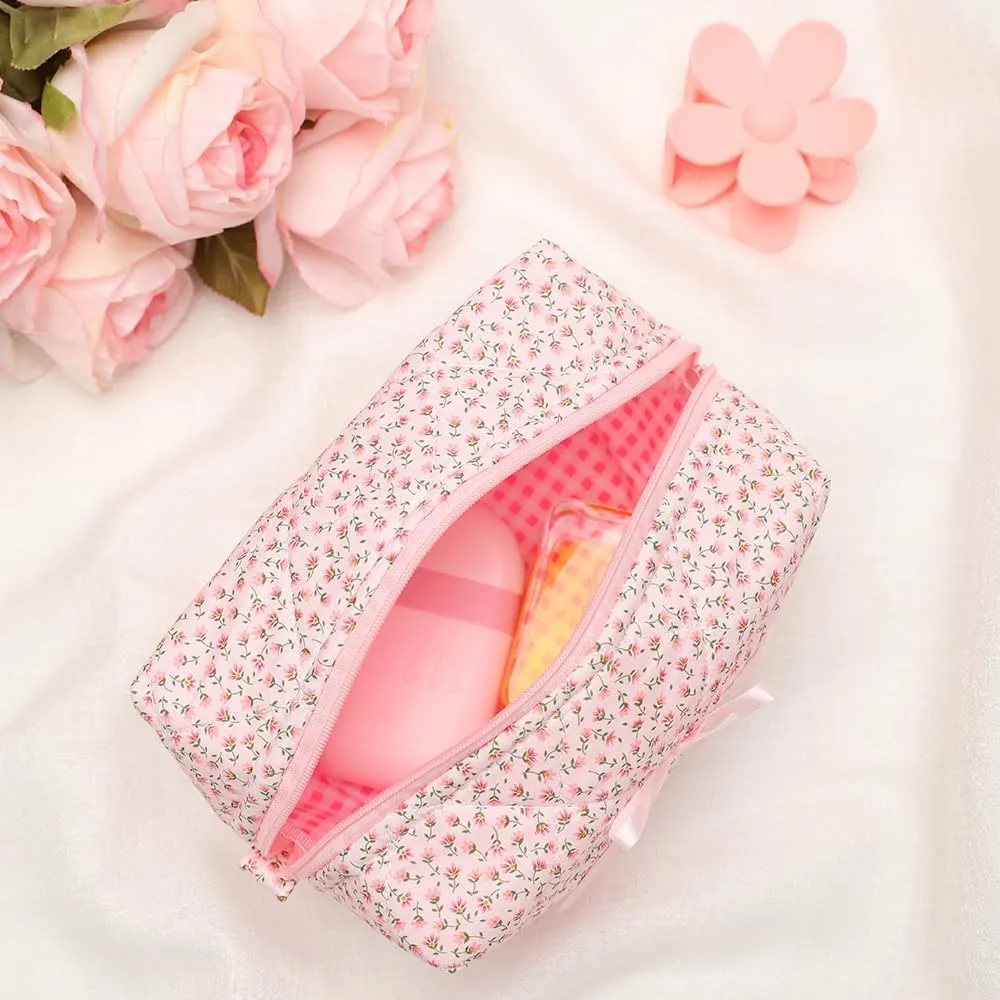 Quilted Makeup Bag, Floral Cosmetic Bag Cute Handmade Aesthetic Pink Toiletry Bag Flower Coquette Accessories Cotton Pouch for Women