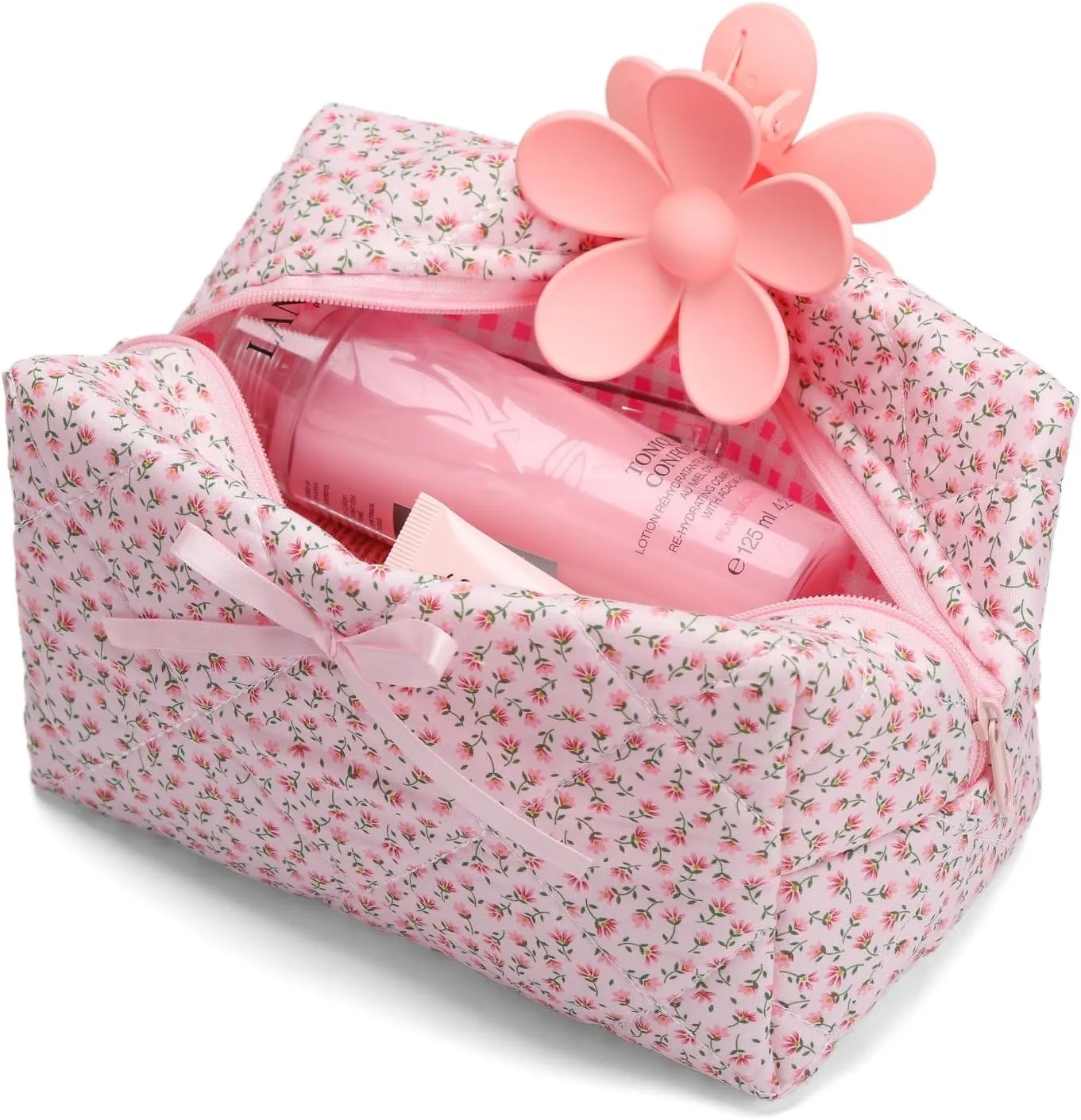 Quilted Makeup Bag, Floral Cosmetic Bag Cute Handmade Aesthetic Pink Toiletry Bag Flower Coquette Accessories Cotton Pouch for Women