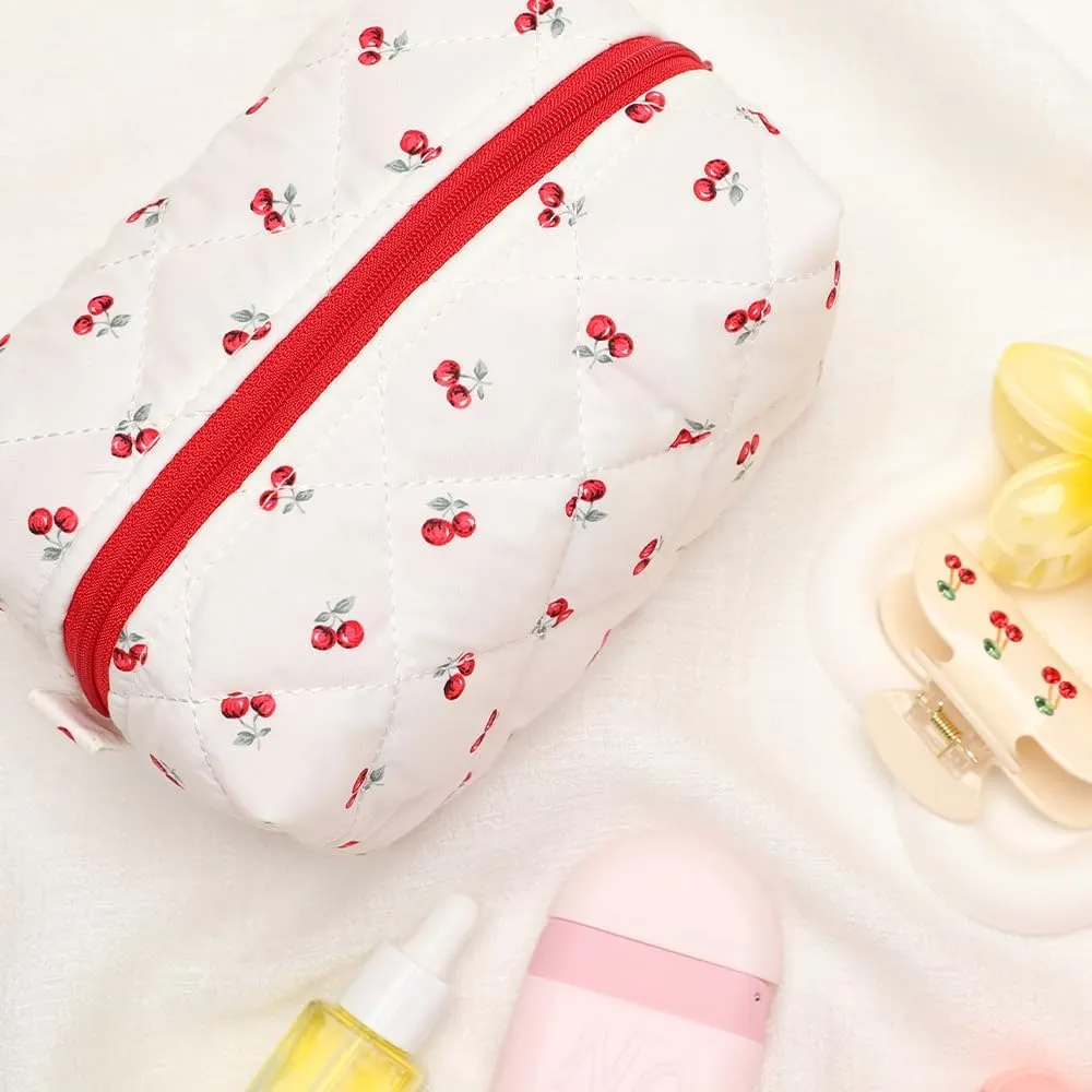 Quilted Makeup Bag, Floral Cosmetic Bag Cute Handmade Aesthetic Pink Toiletry Bag Flower Coquette Accessories Cotton Pouch for WomenCherry