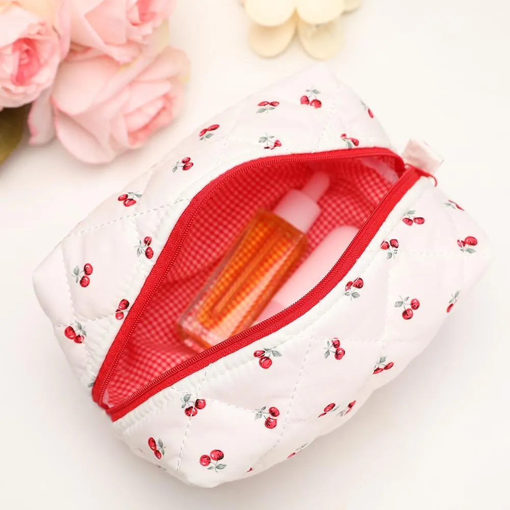 Quilted Makeup Bag, Floral Cosmetic Bag Cute Handmade Aesthetic Pink Toiletry Bag Flower Coquette Accessories Cotton Pouch for WomenCherry