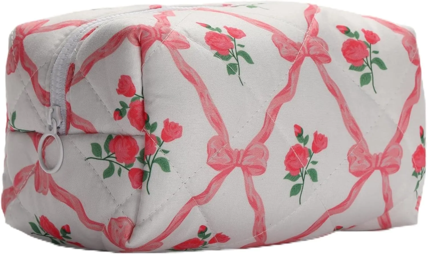 Quilted Makeup Bag, Strawberry Floral Cosmetic Bag Cute Handmade Aesthetic Toiletry Bag Flower Coquette Accessories Cotton Pouch for Women