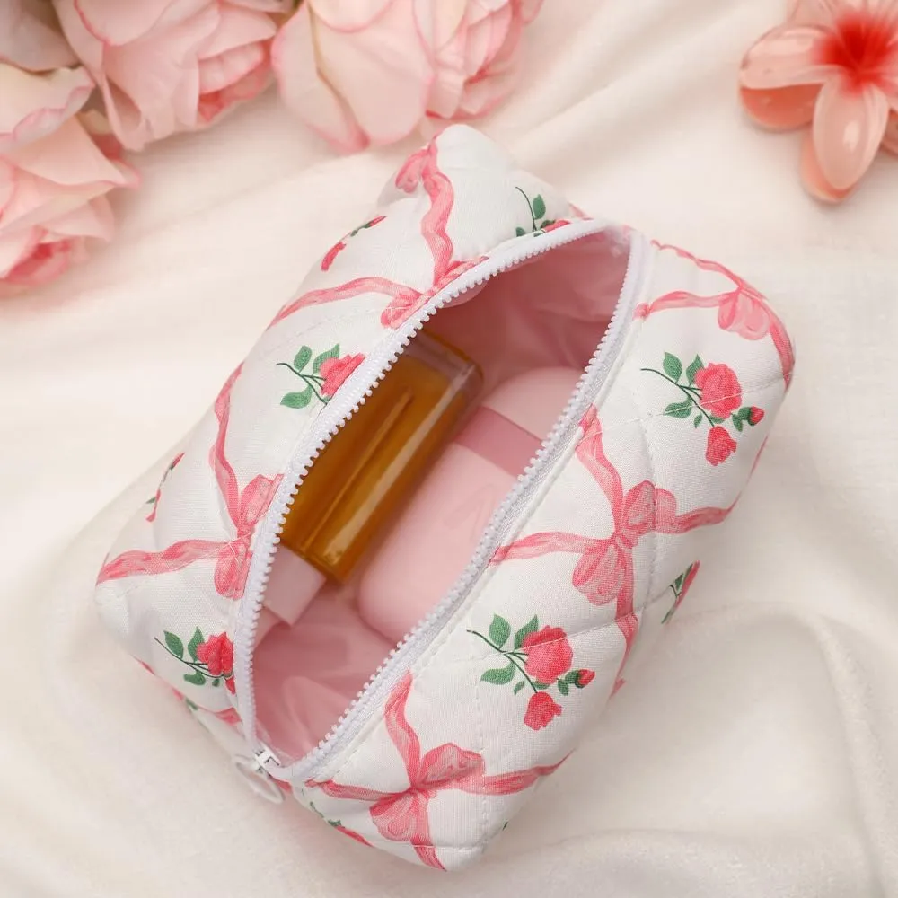 Quilted Makeup Bag, Strawberry Floral Cosmetic Bag Cute Handmade Aesthetic Toiletry Bag Flower Coquette Accessories Cotton Pouch for Women