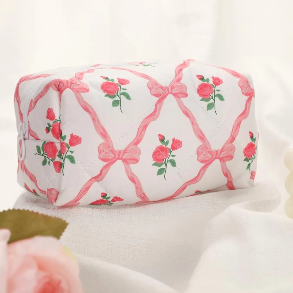 Quilted Makeup Bag, Strawberry Floral Cosmetic Bag Cute Handmade Aesthetic Toiletry Bag Flower Coquette Accessories Cotton Pouch for Women