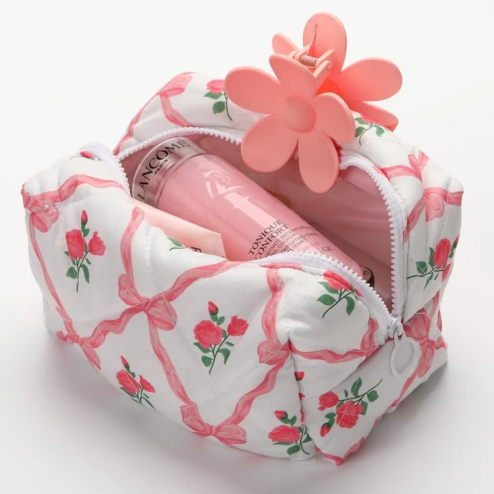 Quilted Makeup Bag, Strawberry Floral Cosmetic Bag Cute Handmade Aesthetic Toiletry Bag Flower Coquette Accessories Cotton Pouch for Women