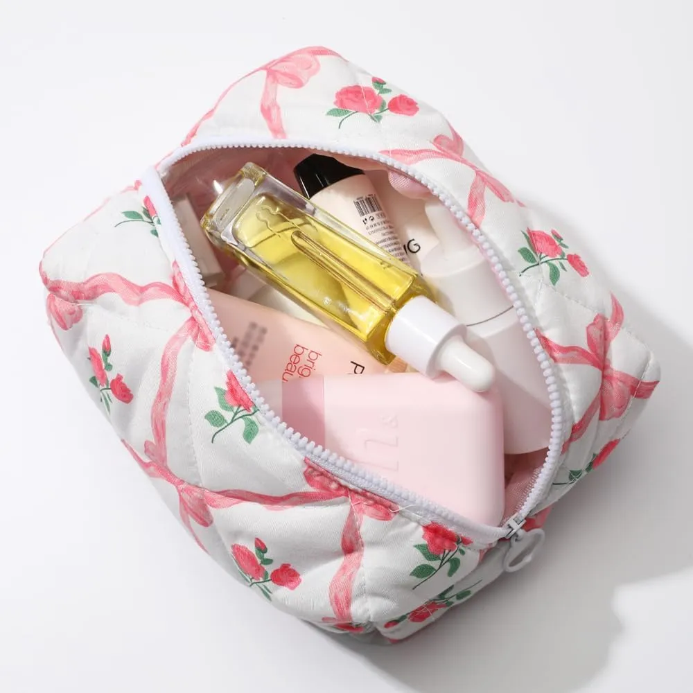 Quilted Makeup Bag, Strawberry Floral Cosmetic Bag Cute Handmade Aesthetic Toiletry Bag Flower Coquette Accessories Cotton Pouch for Women