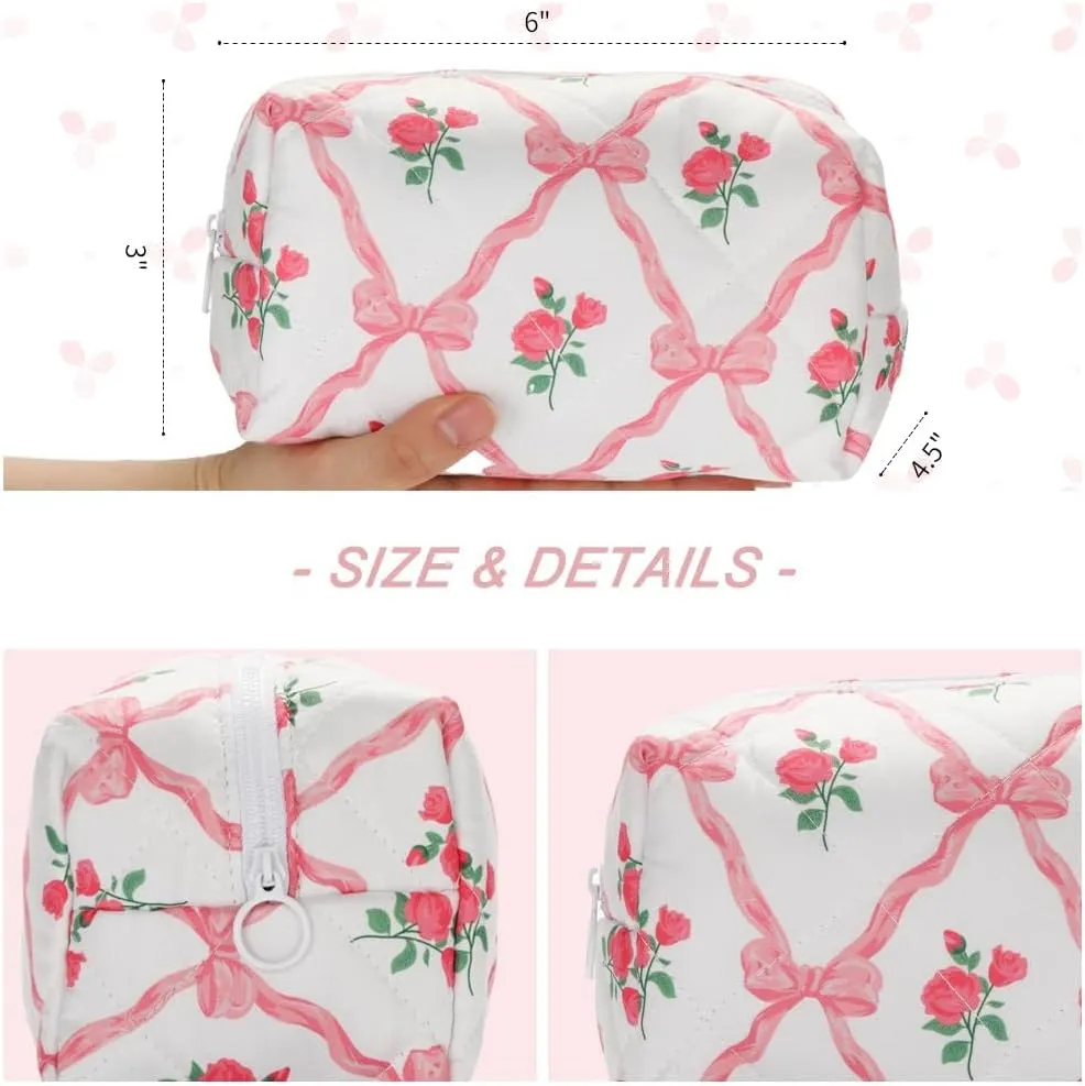 Quilted Makeup Bag, Strawberry Floral Cosmetic Bag Cute Handmade Aesthetic Toiletry Bag Flower Coquette Accessories Cotton Pouch for Women