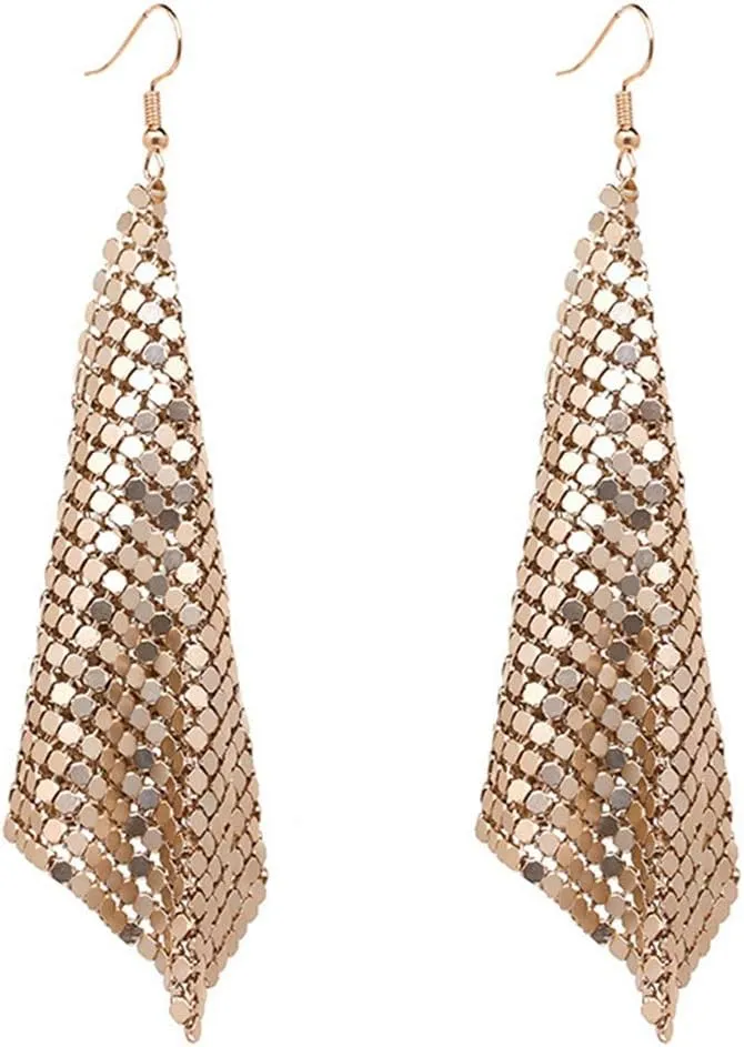Rectangle Dangle Lightweight Mesh Tassel Sequin Long Drop Earrings