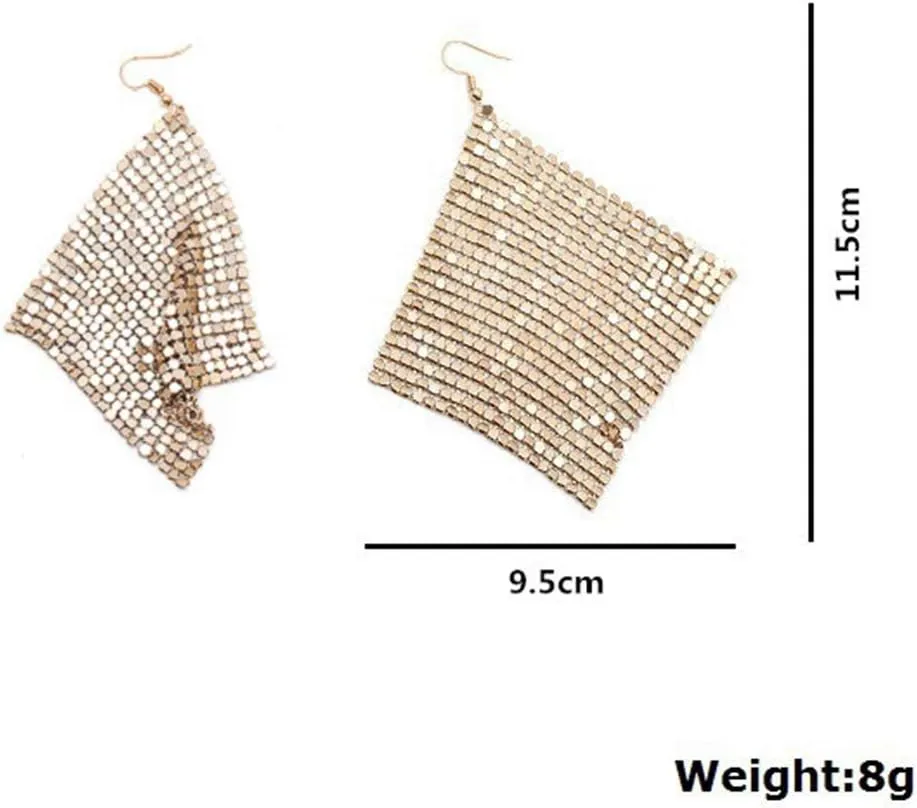 Rectangle Dangle Lightweight Mesh Tassel Sequin Long Drop Earrings