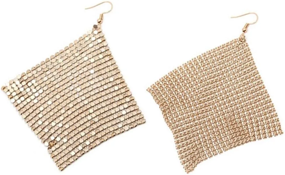 Rectangle Dangle Lightweight Mesh Tassel Sequin Long Drop Earrings