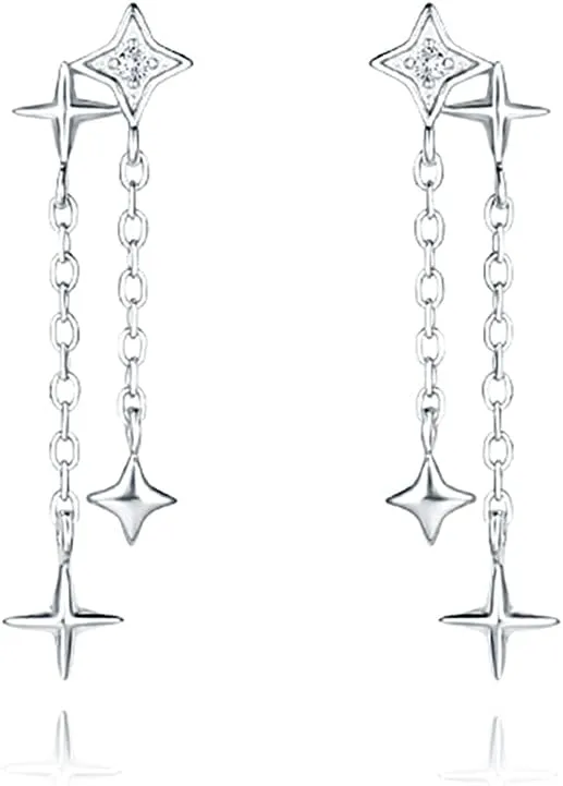 Reffeer 925 Sterling Silver Star Tassel Chain Earrings Drops for Women Teens