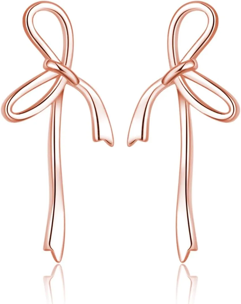 Reffeer Solid 925 Sterling Silver Bow Stud Earrings Ribbon for Women Teens Bowknot Stud Earrings Drops