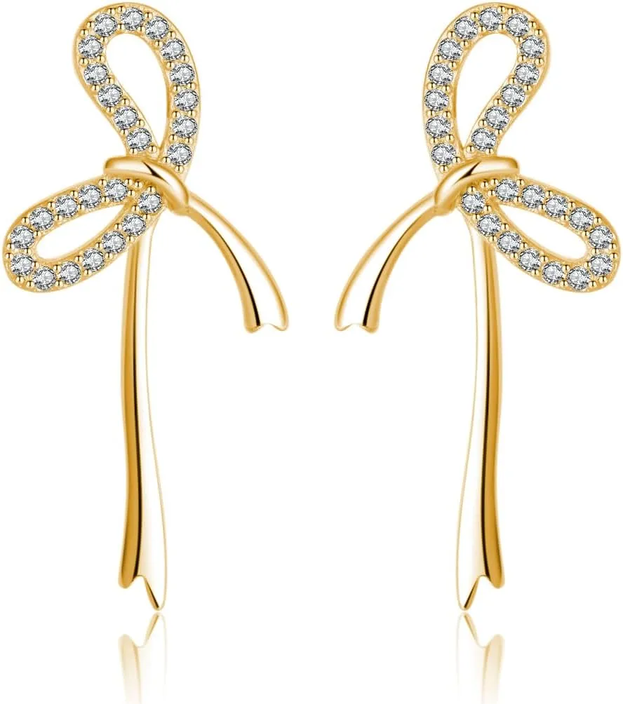 Reffeer Solid 925 Sterling Silver CZ Bow Stud Earrings for Women Teens Ribbon Stud Earrings Bowknot Drops