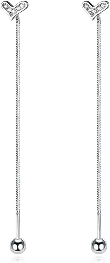 Reffeer Solid925 Sterling Silver Love Heart Dangle Chain Earrings Drops for Women Teens Tiny Heart Dangle Earrings