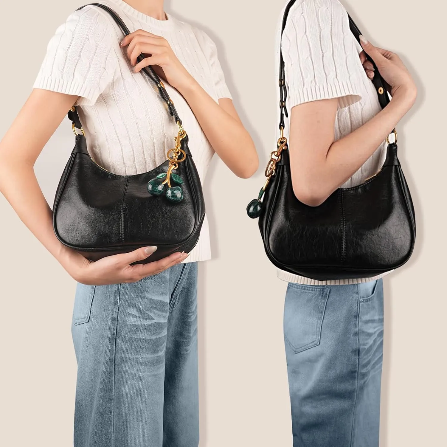 Retro Hobo Bag with Cherry Charm Vegan Leather Shoulder Crossbody Handheld Stylish Purse for Women