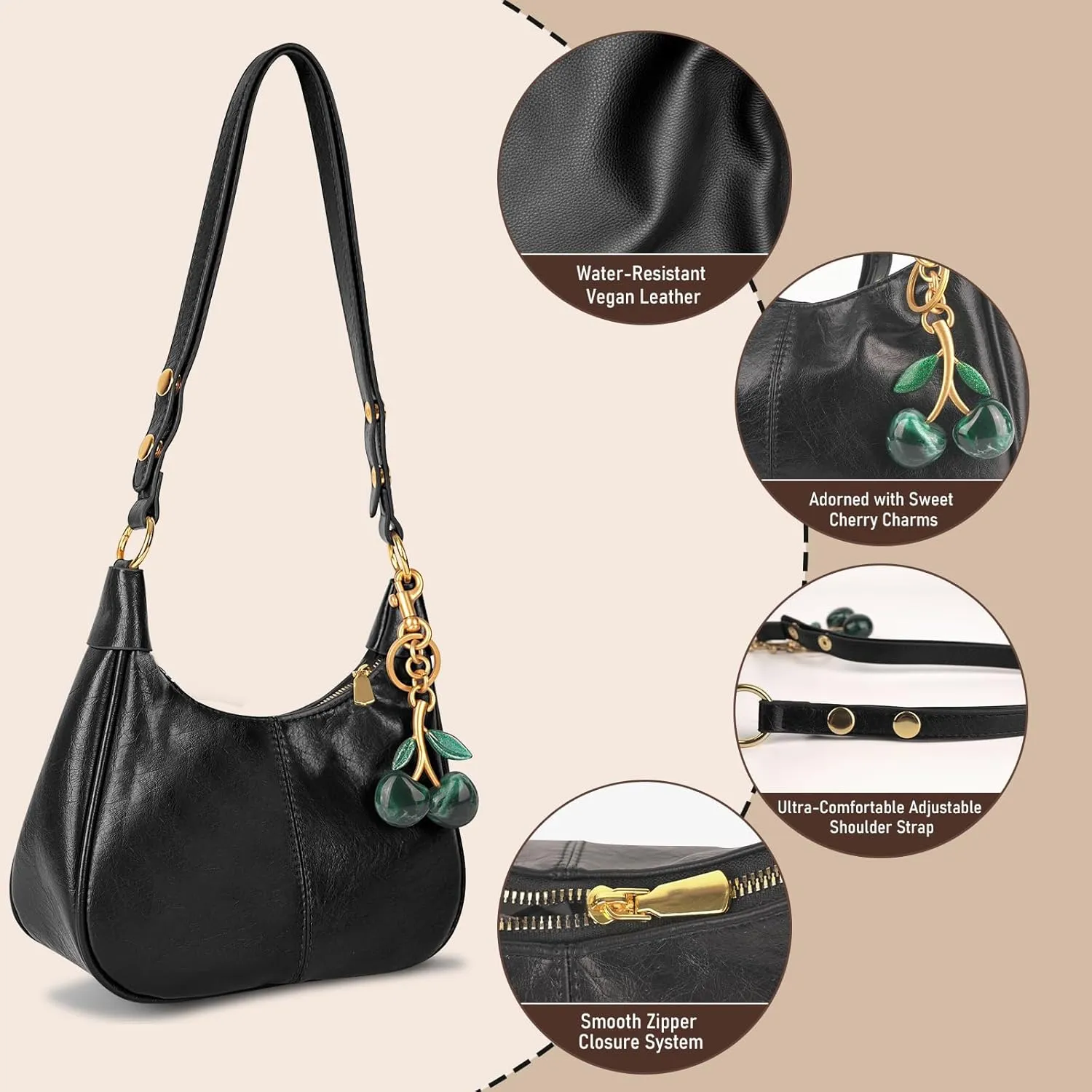 Retro Hobo Bag with Cherry Charm Vegan Leather Shoulder Crossbody Handheld Stylish Purse for Women