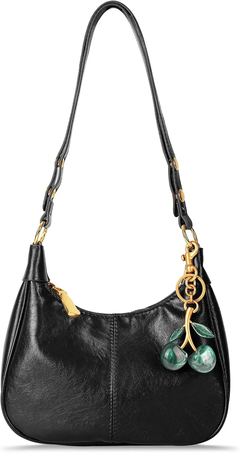 Retro Hobo Bag with Cherry Charm Vegan Leather Shoulder Crossbody Handheld Stylish Purse for Women