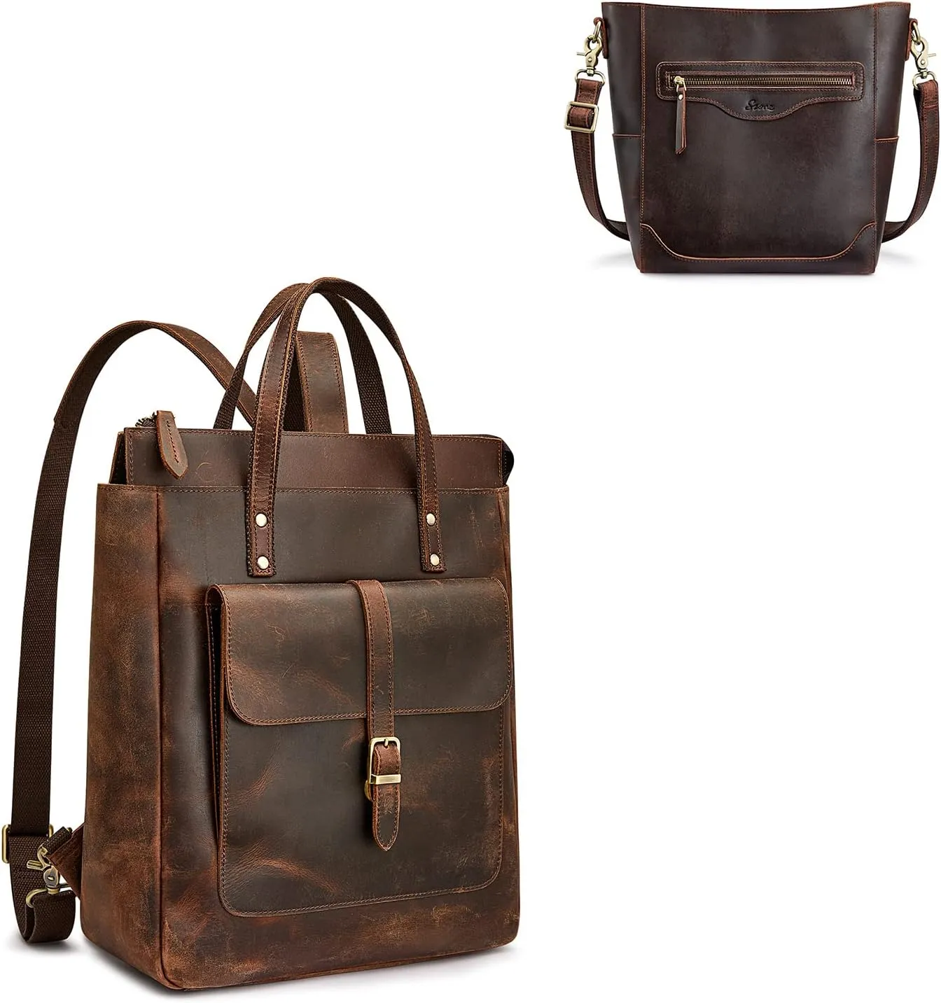 S-ZONE Women Genuine Leather Backpack Bundle with Retro Bucket Bag Vintage Crossbody Purse with Outer Pocket