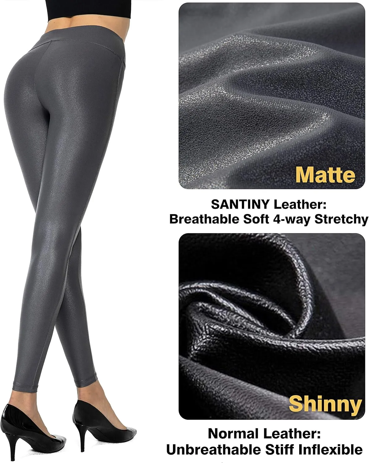 SANTINY Women's Faux Leather Leggings Pants Stretch High Waisted Tights for Women