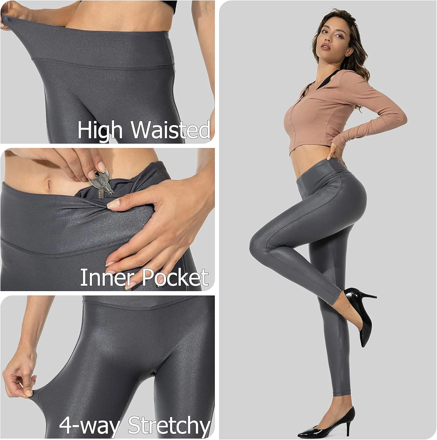 SANTINY Women's Faux Leather Leggings Pants Stretch High Waisted Tights for Women