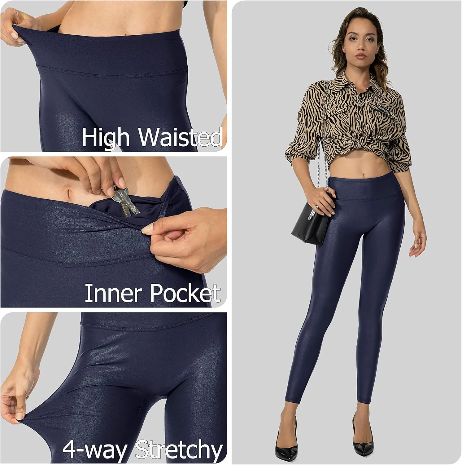 SANTINY Women's Faux Leather Leggings Pants Stretch High Waisted Tights for Women