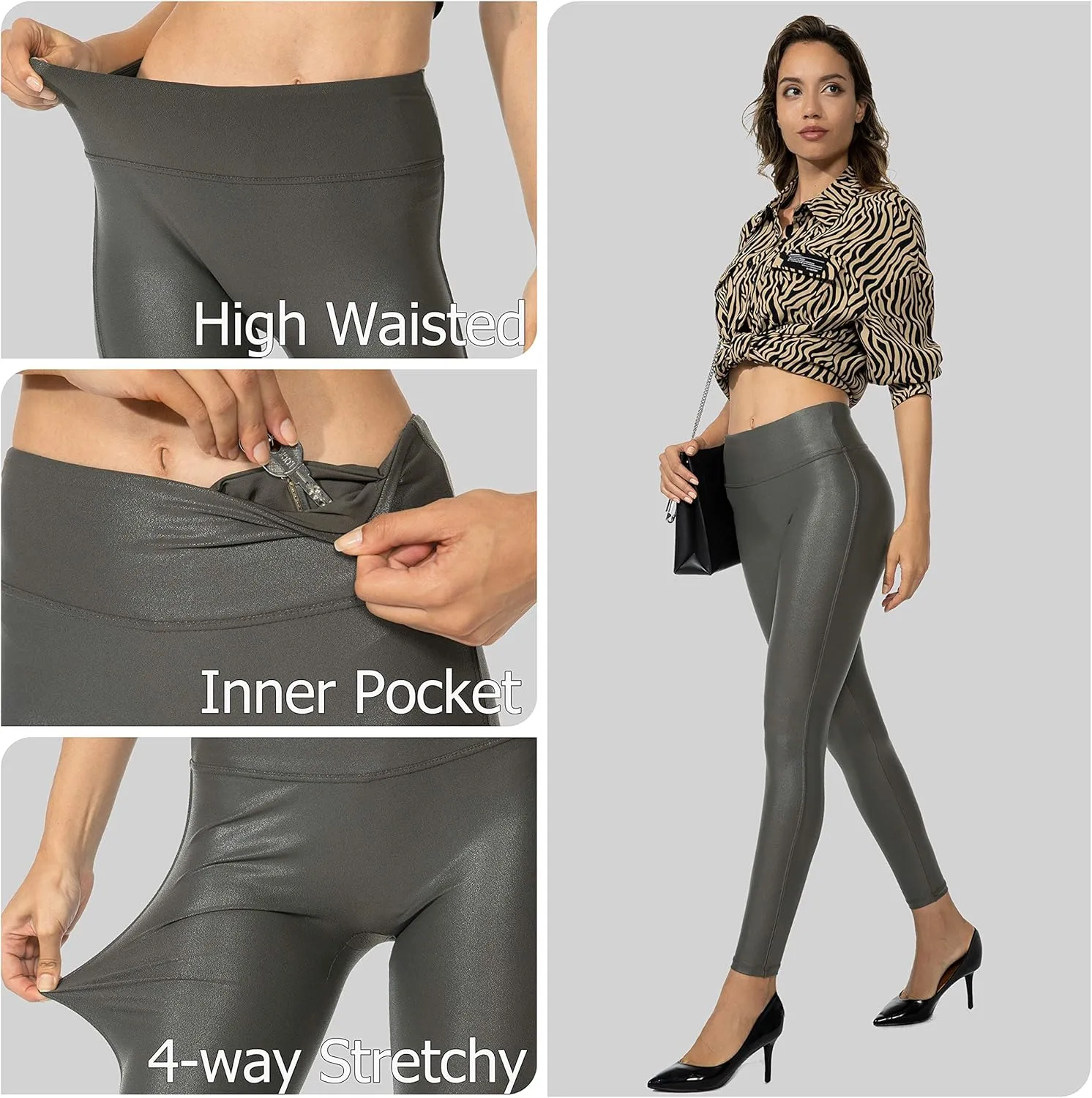 SANTINY Women's Faux Leather Leggings Pants Stretch High Waisted Tights for Women