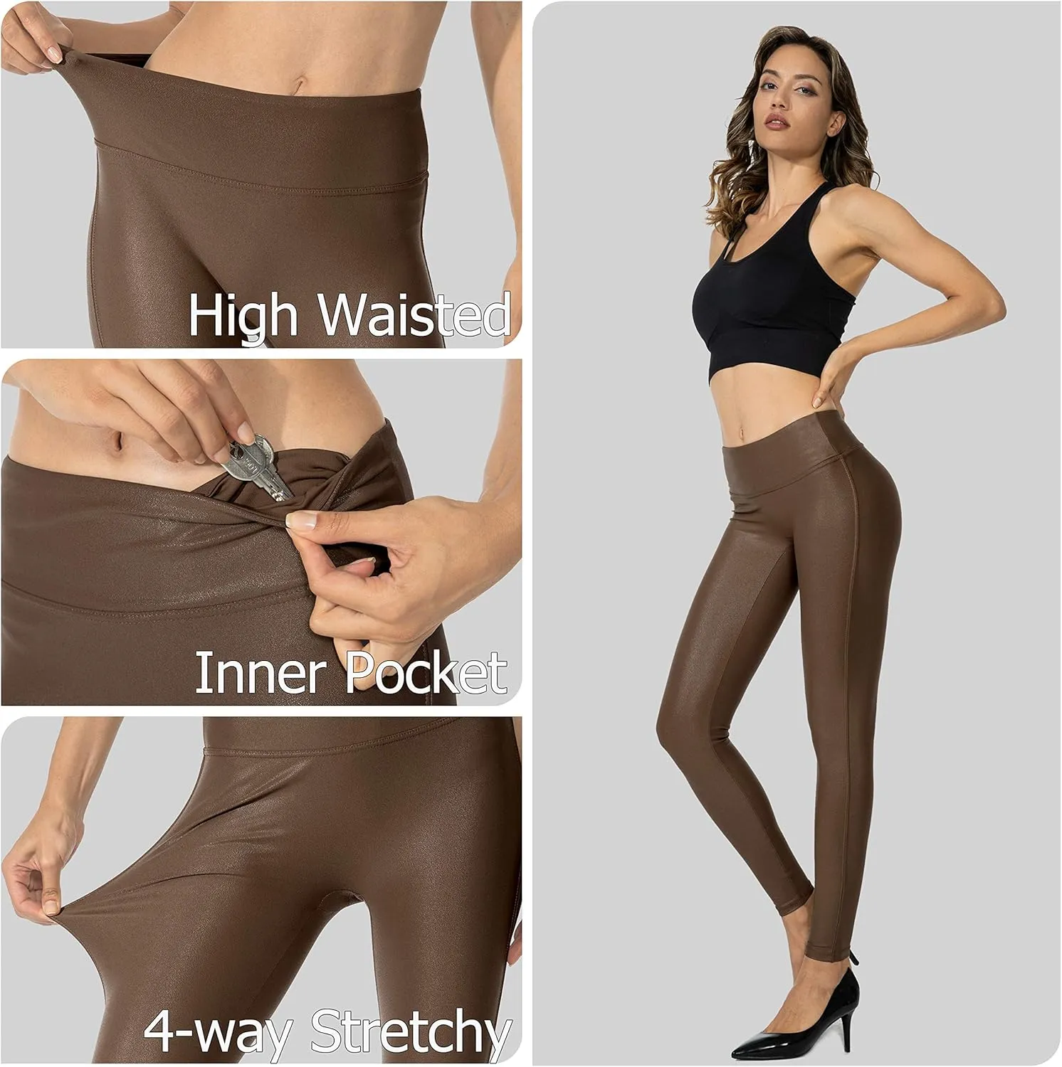 SANTINY Women's Faux Leather Leggings Pants Stretch High Waisted Tights for Women